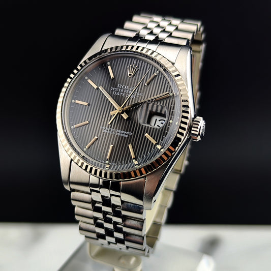 ROLEX Datejust 36 Grey Tapestry Dial Mint 1984 White Gold Bezel Serviced 01/2026