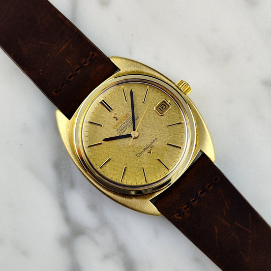 Omega Constellation C-Shape Ref. 168.017 Gold Linen Dial 1970 – Vintage Chronometer Klassiker