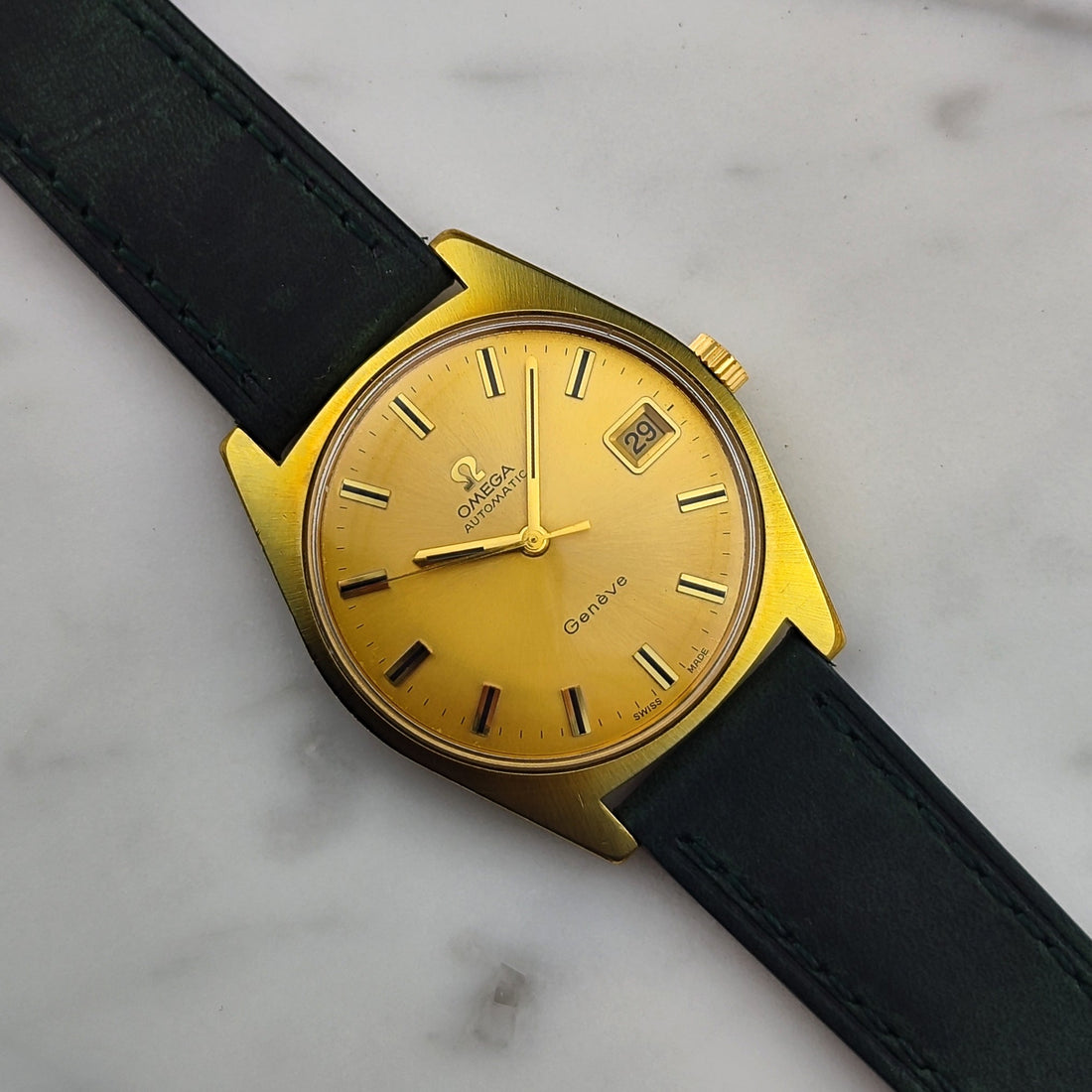 Omega Genève Automatic Gold Dial 1970 Ref. 166.041 Green Strap