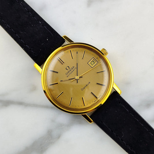 Omega Genéve Ref. 166.0202 (1978) – Elegantes Gold Linen Dial mit frisch gewartetem Automatikwerk