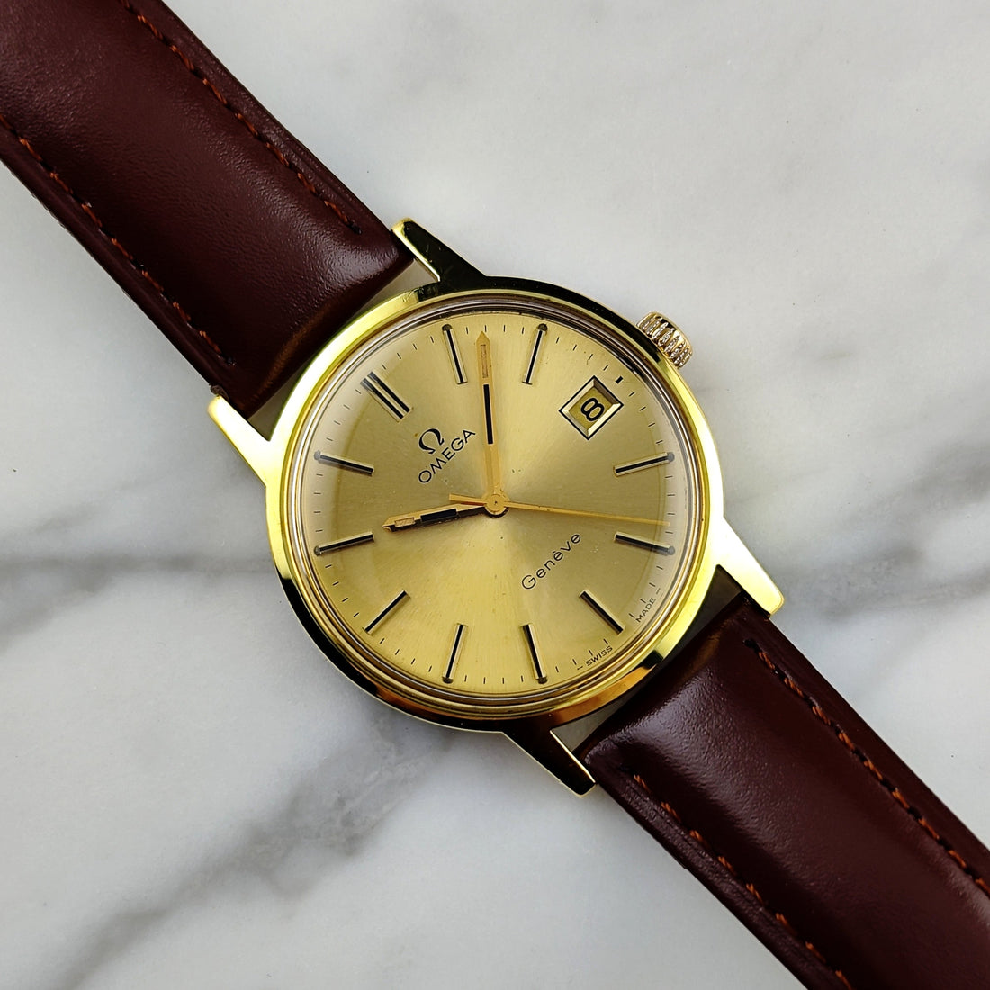 Vintage Omega Genève Gold Dial Date 1972 Serviced 03/2026 [REF. 136.0104]