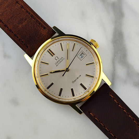 Omega Genève Ref. 166.0098 (1972) – Goldene Vintage-Uhr mit weißem Linen-Zifferblatt
