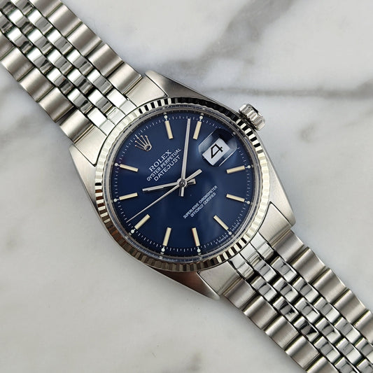 Rolex Datejust 36 Ref. 1601 (1973) – Blaues mattes Zifferblatt & 18ct Weißgoldlünette