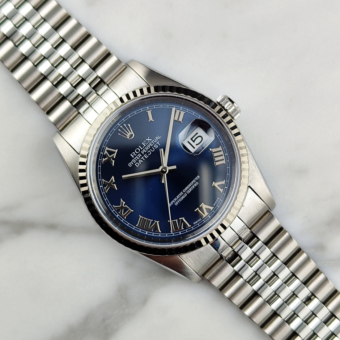 Rolex Datejust 36 Ref. 16234 Blue Roman Dial 2000 – Serviced 05/2026 mit Box & 18 Karat Weißgoldlünette