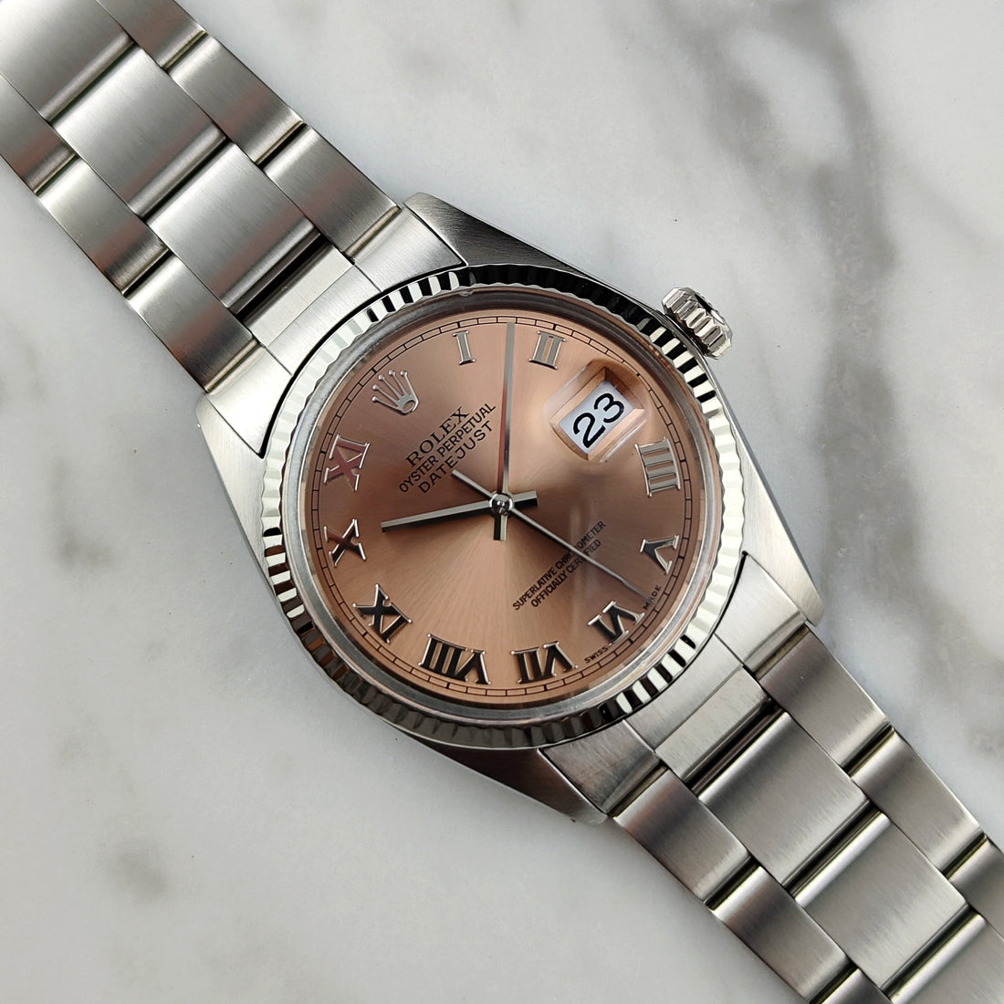 Rolex Datejust 36 Ref. 16014 (ca. 1985) – Seltenes Salmon-Pink Roman Dial mit 18ct Weißgoldlünette