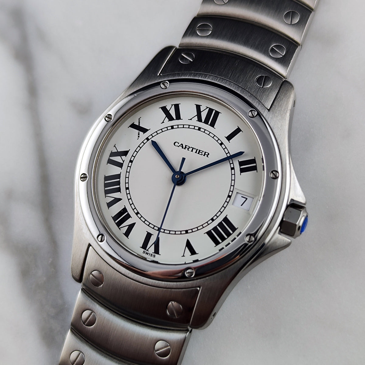 Cartier Santos Ronde Automatic White Dial 2004 with box Serviced 10/2026 – Vorderansicht Zifferblatt mit Armband