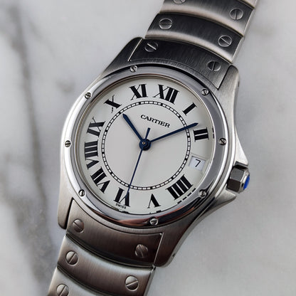 Cartier Santos Ronde Automatic White Dial 2004 with box Serviced 10/2026 – Vorderansicht Zifferblatt mit Armband