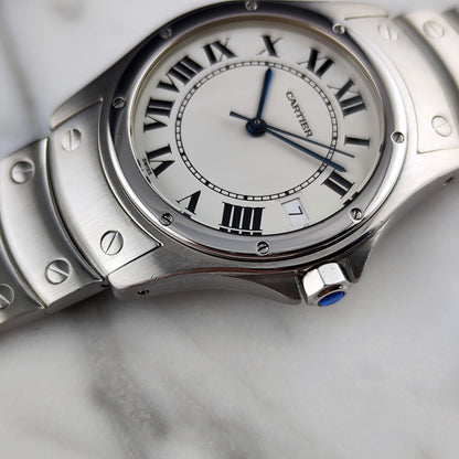 Cartier Santos Ronde Automatic White Dial 2004 with box Serviced 10/2026 – Seitenansicht mit Krone und Zifferblatt