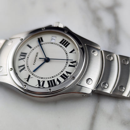 Cartier Santos Ronde Automatic White Dial 2004 with box Serviced 10/2026 – Zifferblatt und Gehäuse in Schrägansicht