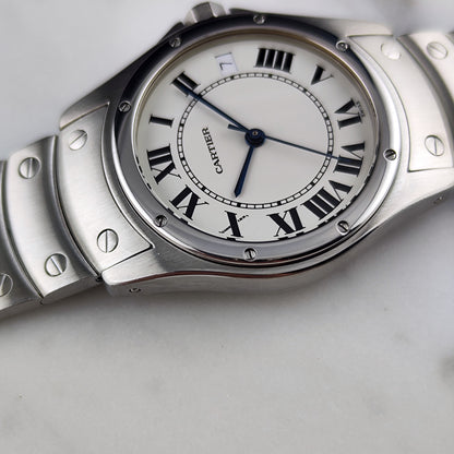Cartier Santos Ronde Automatic White Dial 2004 with box Serviced 10/2026 – Zifferblatt mit Armband in Nahaufnahme