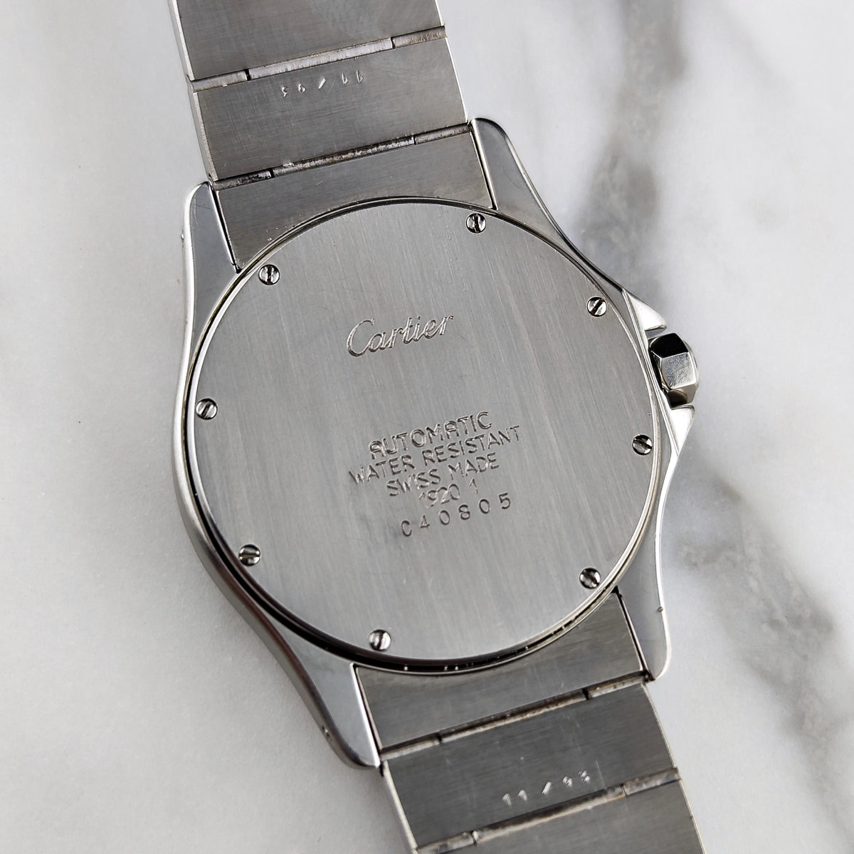 Cartier Santos Ronde Automatic White Dial 2004 with box Serviced 10/2026 – Gehäuseboden mit Gravur
