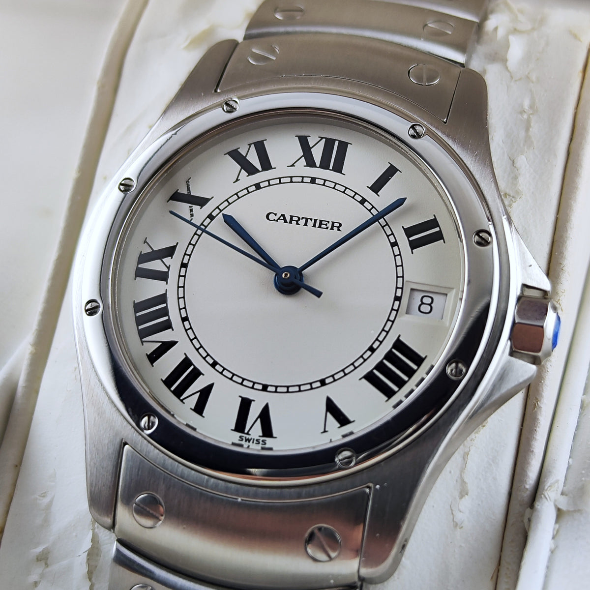Cartier Santos Ronde Automatic White Dial 2004 with box Serviced 10/2026 – Vorderansicht mit Zifferblatt und Armband