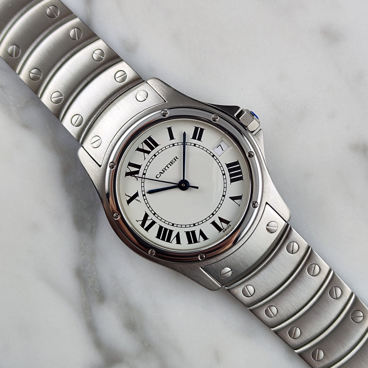 Cartier Santos Ronde Automatic White Dial 2004 with box Serviced 10/2026 – Vorderansicht mit Zifferblatt und Armband