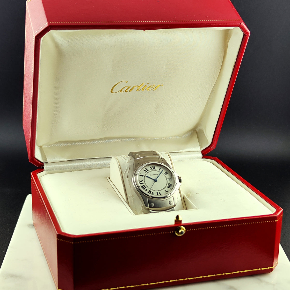 Cartier Santos Ronde Automatic White Dial 2004 with box Serviced 10/2026 – Uhr in geöffneter Box