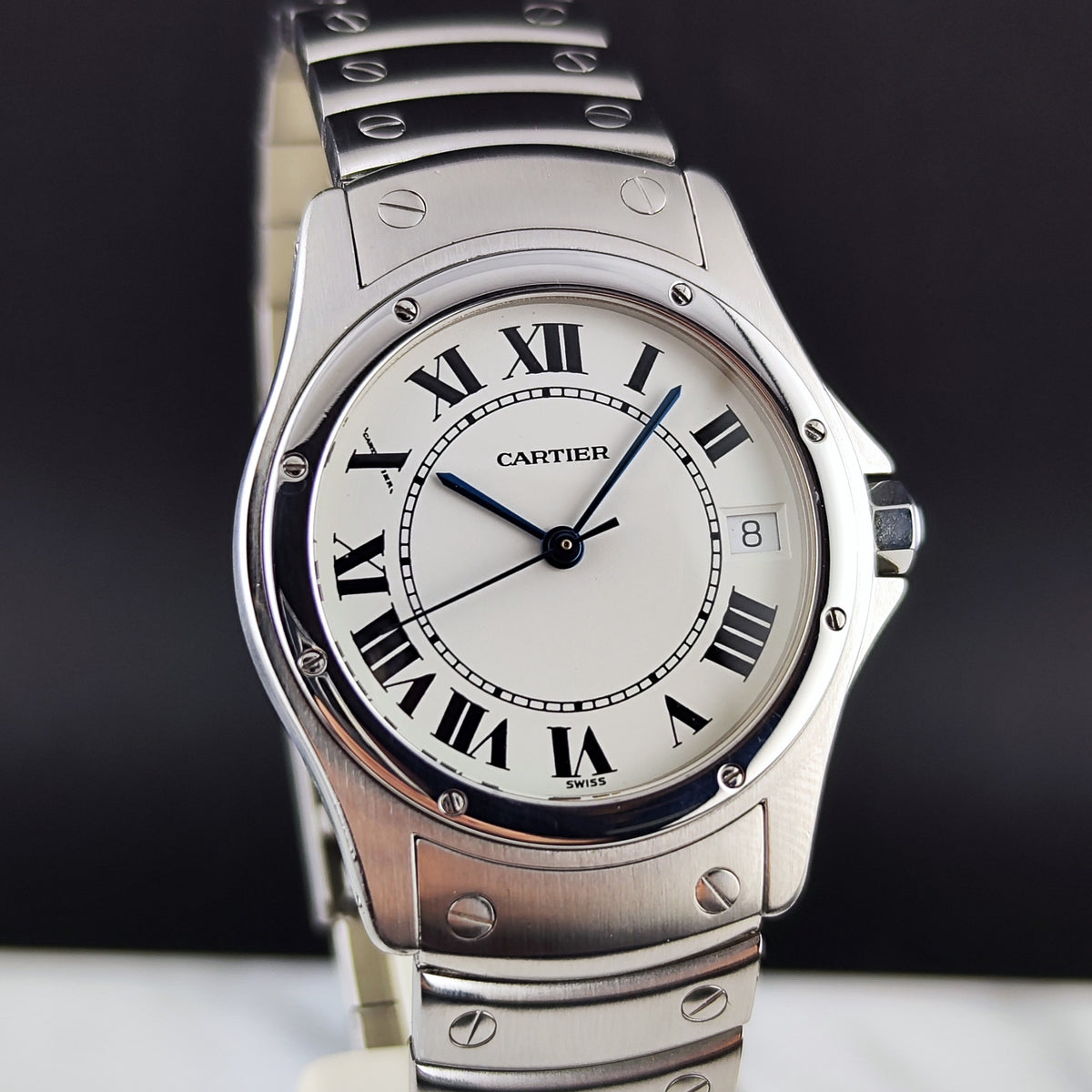 Cartier Santos Ronde Automatic White Dial 2004 with box Serviced 10/2026 – Vorderansicht mit Zifferblatt