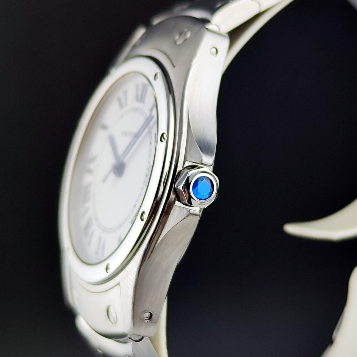 Cartier Santos Ronde Automatic White Dial 2004 with box Serviced 10/2026 – Seitenansicht mit blauer Krone