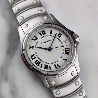Cartier Santos Ronde Automatic White Dial 2004 with box Serviced 10/2026 – Schrägansicht mit Zifferblatt und Armband