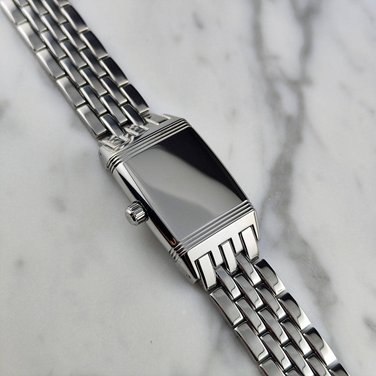 Jaeger LeCoultre Reverso Gran'Sport Automatic White Dial 2005 – Rückseite mit Krone und Gliederband