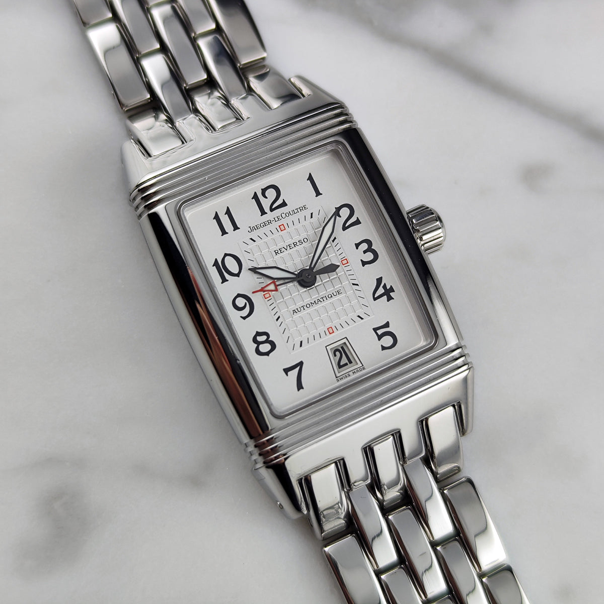 Jaeger LeCoultre Reverso Gran'Sport Automatic White Dial 2005 – Schrägansicht Zifferblatt mit Gliederband