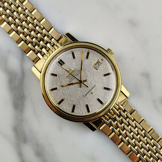 OMEGA Constellation Chronometer Gold White Linen Dial Date 1968 [REF. 168.018]