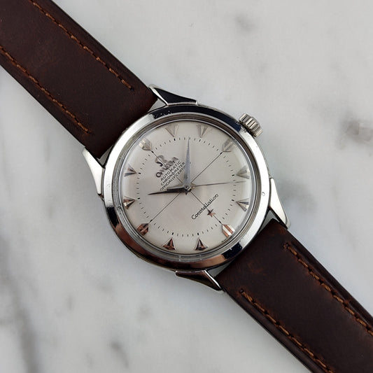 Omega Constellation Chronometer White Dial Special Index 1956 with Box – Schrägansicht mit Zifferblatt und Krone