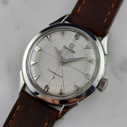 Omega Constellation Chronometer White Dial Special Index 1956 with Box – Vorderansicht Zifferblatt mit Lederband