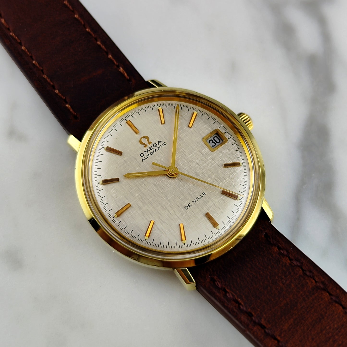 Omega De Ville Automatic Gold Rare White Linen Dial 1970 [REF. 166.033]
