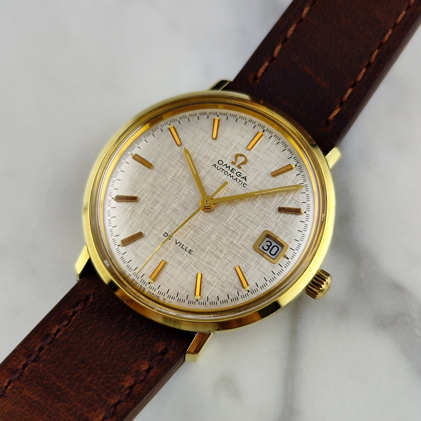 Omega De Ville Automatic Gold Rare White Linen Dial 1970 [REF. 166.033]