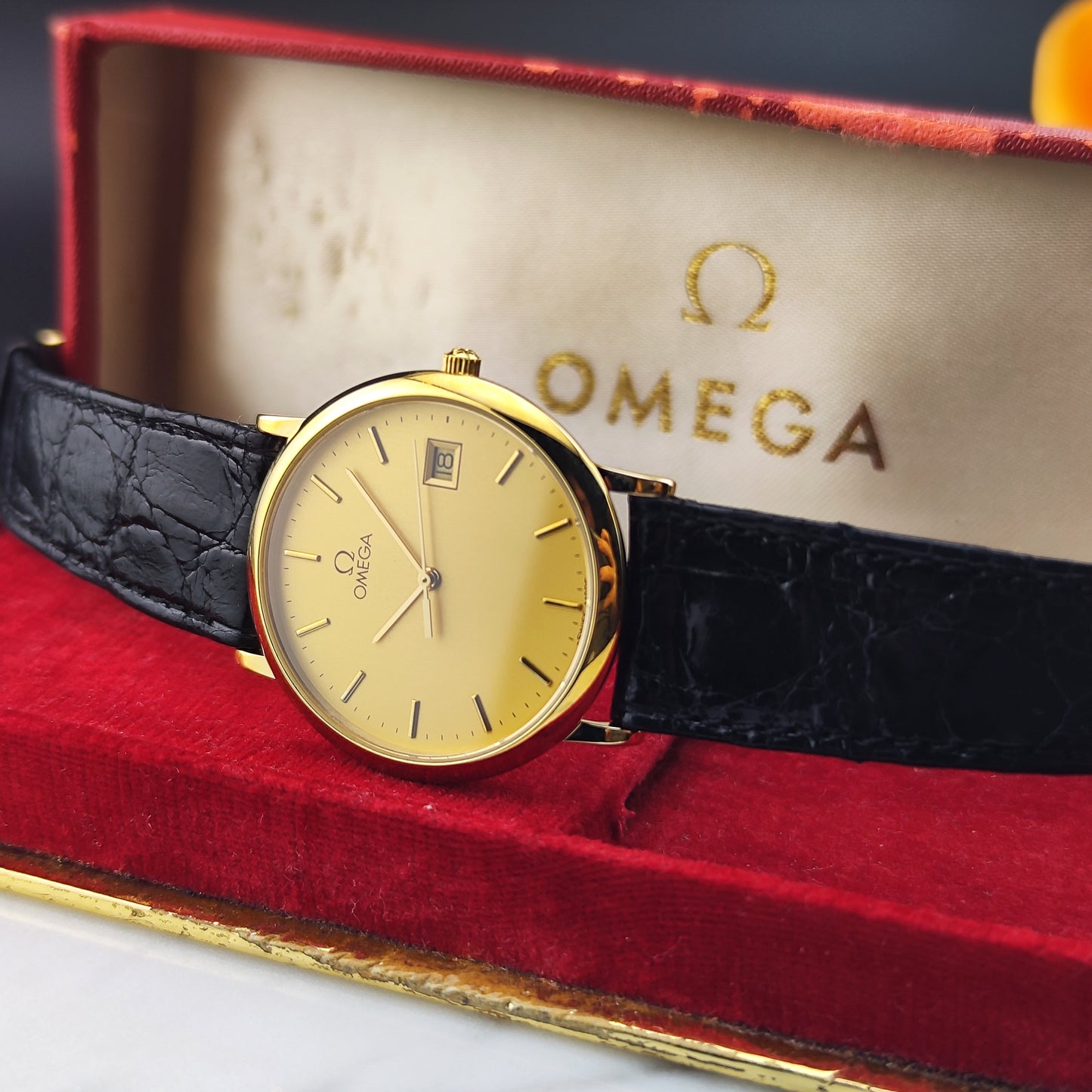 OMEGA De Ville Gold Date Quartz Mint+ with Original Box [REF. 196.0312]