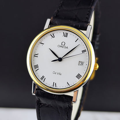 Omega De Ville Two Tone White Dial 1993 with Box – Vorderansicht mit Zifferblatt und Datum