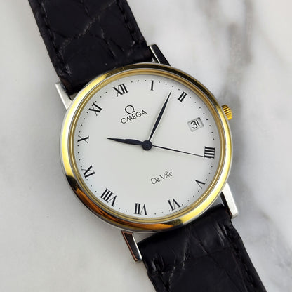 Omega De Ville Two Tone White Dial 1993 with Box – Vorderansicht mit Zifferblatt und Datum