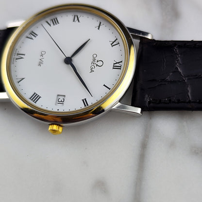 Omega De Ville Two Tone White Dial 1993 with Box – Zifferblatt mit Krone in Nahaufnahme