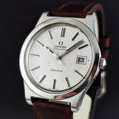 Omega Genéve Automatic Silver Dial Date 1974 Serviced 10/2026 – Vorderansicht mit Zifferblatt und Datum