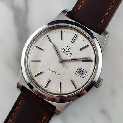 Omega Genéve Automatic Silver Dial Date 1974 Serviced 10/2026 – Frontansicht mit Zifferblatt und Datum