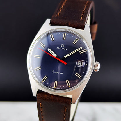 Omega Genéve Blue Dial Rare 1968 Serviced 10/2026 – Vorderansicht mit blauem Zifferblatt