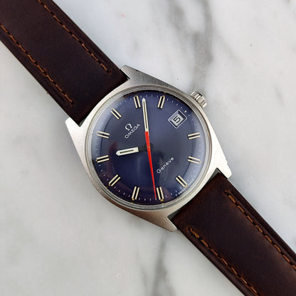Omega Genéve Blue Dial Rare 1968 Serviced 10/2026 – Vorderansicht Zifferblatt mit Datum