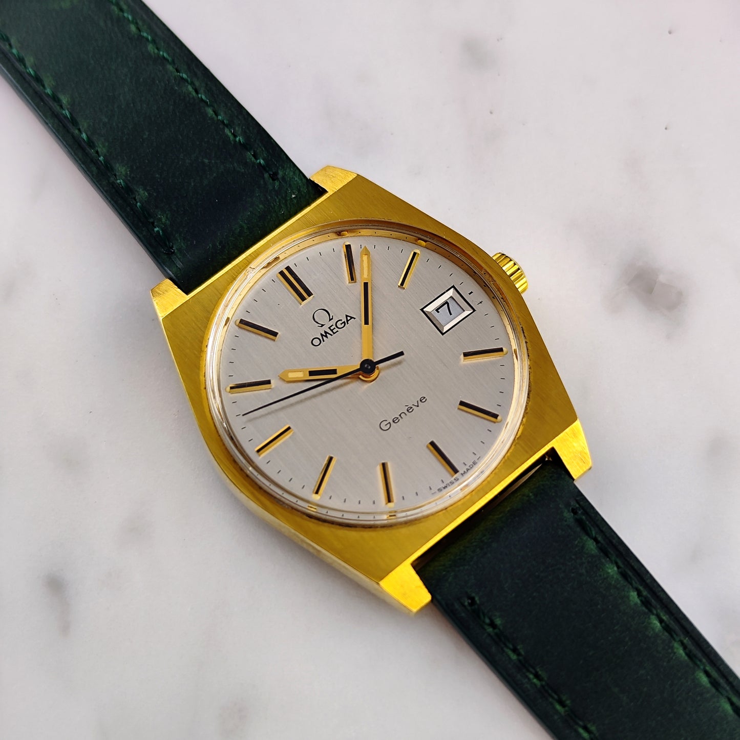 OMEGA Genève Gold White Dial Green Strap 1972 Serviced 05/2026 [REF. 136.0049]