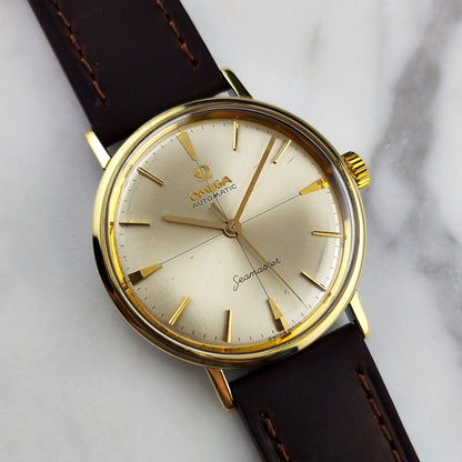 Omega Seamaster Automatic Gold White Dial 1961 Serviced 10/2026 – Vorderansicht mit Zifferblatt und Lederband