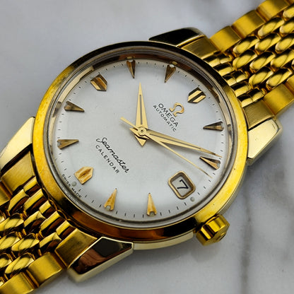 OMEGA Seamaster Calendar Gold White Dial Super Rare Signed Crystal [REF. 2849]
