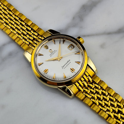 OMEGA Seamaster Calendar Gold White Dial Super Rare Signed Crystal [REF. 2849]