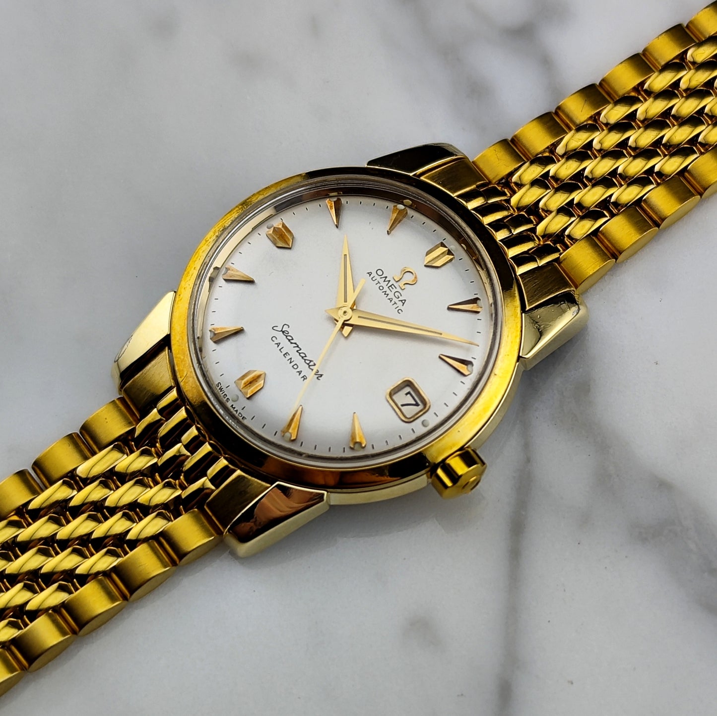 OMEGA Seamaster Calendar Gold White Dial Super Rare Signed Crystal [REF. 2849]