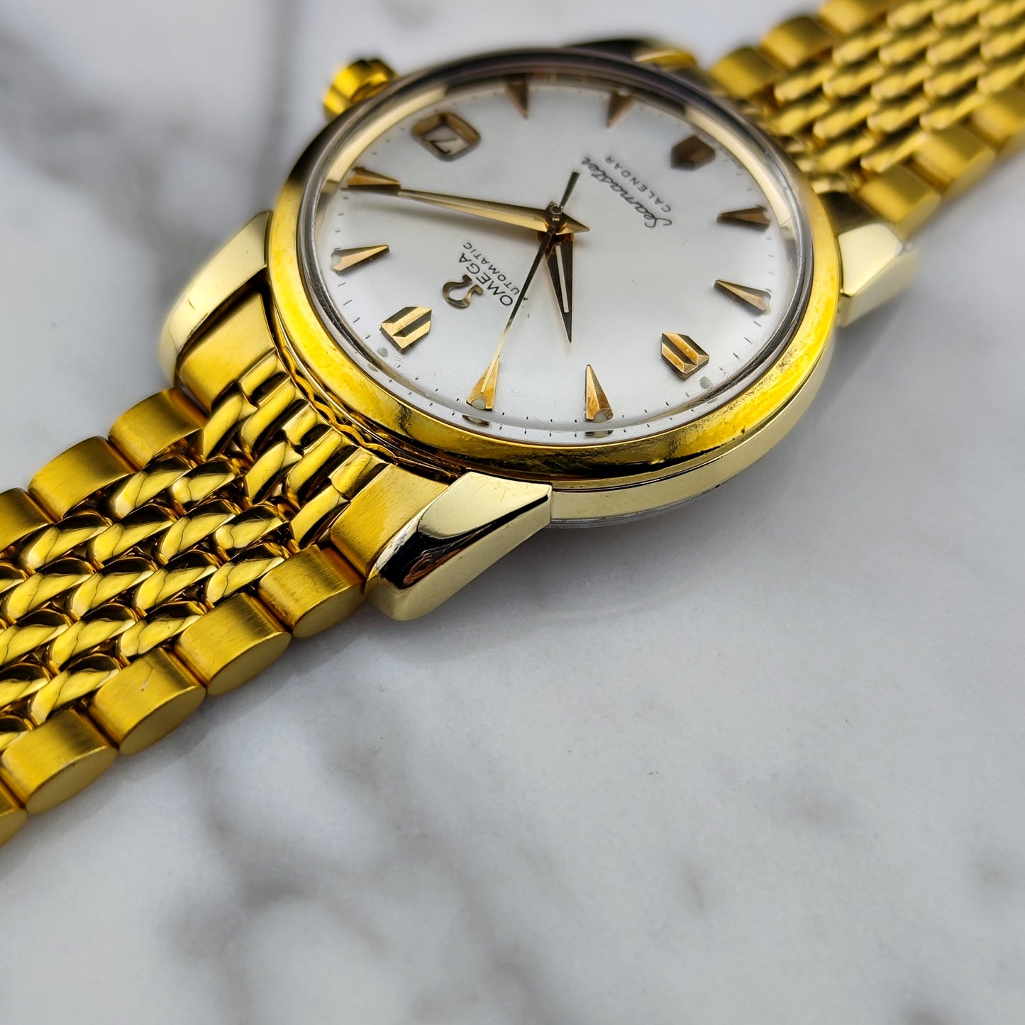 OMEGA Seamaster Calendar Gold White Dial Super Rare Signed Crystal [REF. 2849]