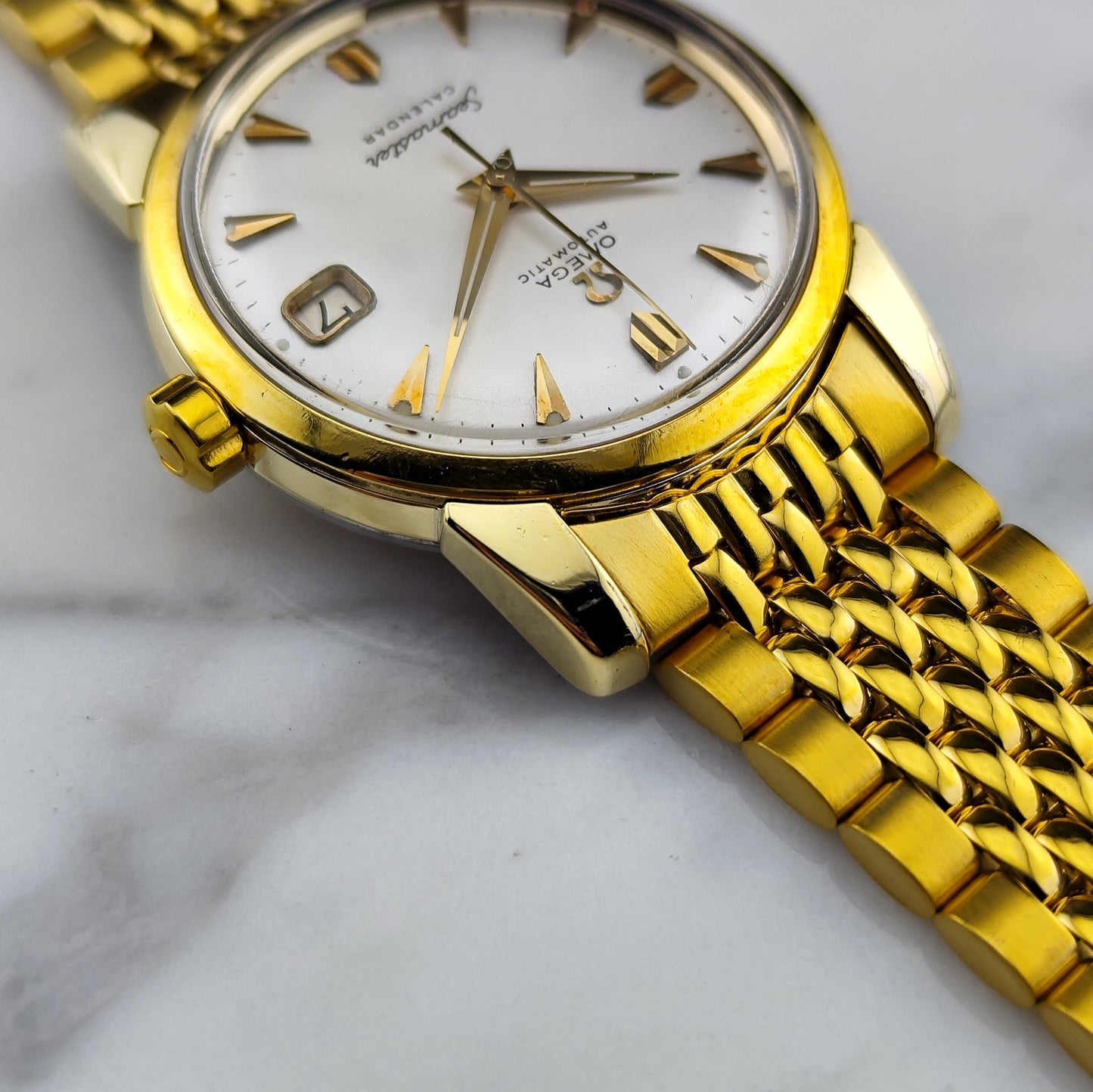 OMEGA Seamaster Calendar Gold White Dial Super Rare Signed Crystal [REF. 2849]