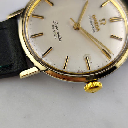 Omega Seamaster De Ville Automatic Gold White Dial 1960 Serviced 10/2026 – Zifferblatt und Krone in Nahaufnahme