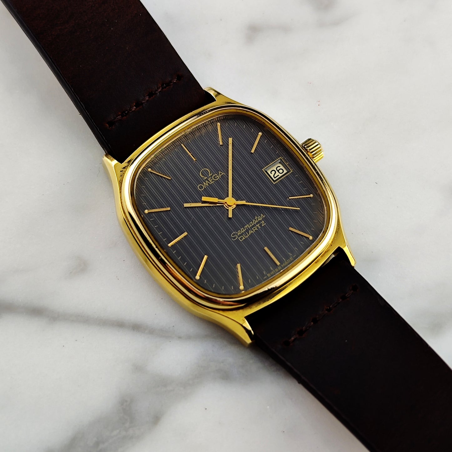 OMEGA Seamaster Gold Black Tapestry Dial 1978 Super Rare [REF. 196.0191]