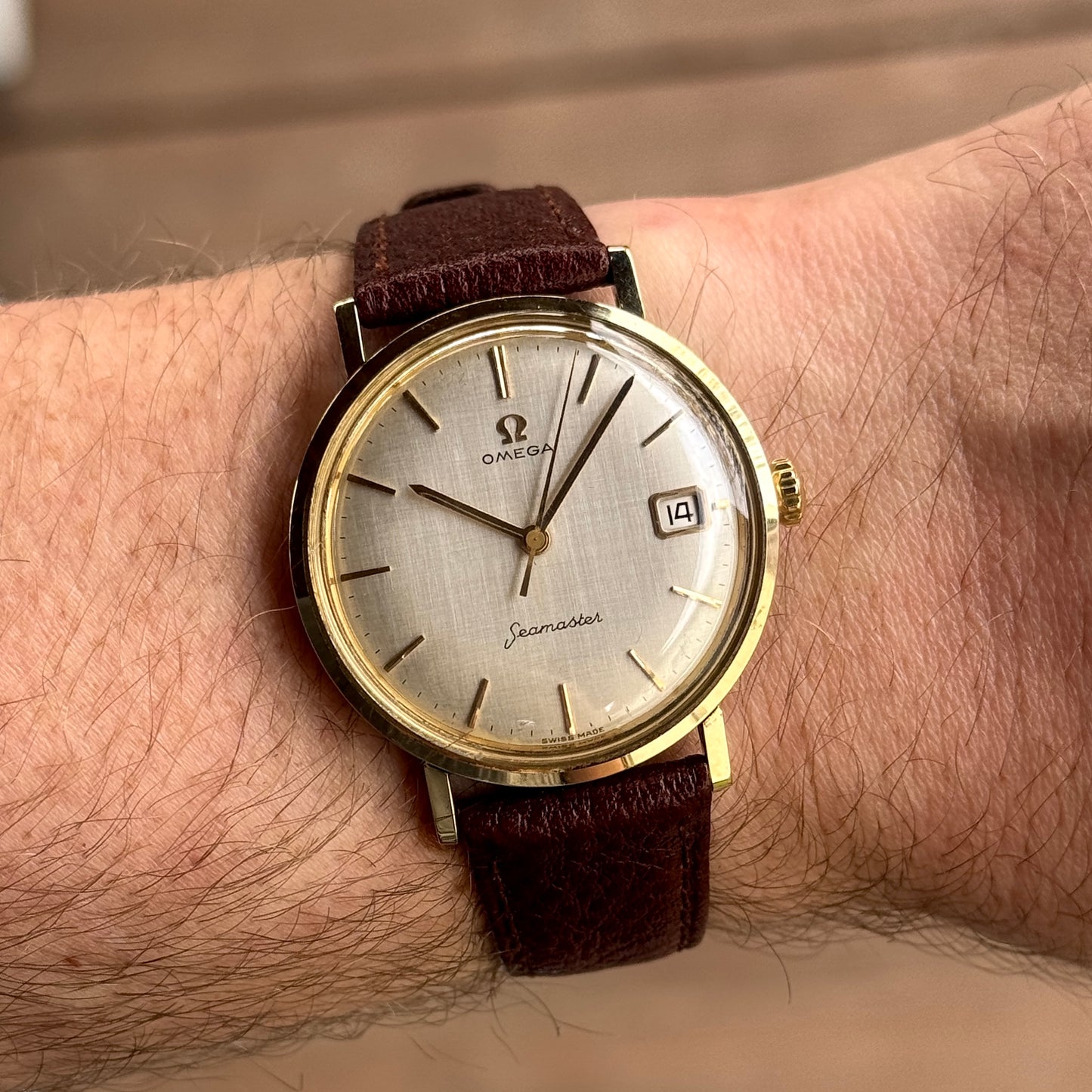 OMEGA Seamaster Gold White Rare Linen Dial Date 1960 [REF. 14740]