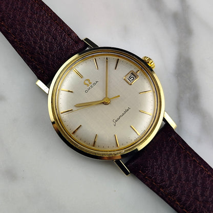 OMEGA Seamaster Gold White Rare Linen Dial Date 1960 [REF. 14740]