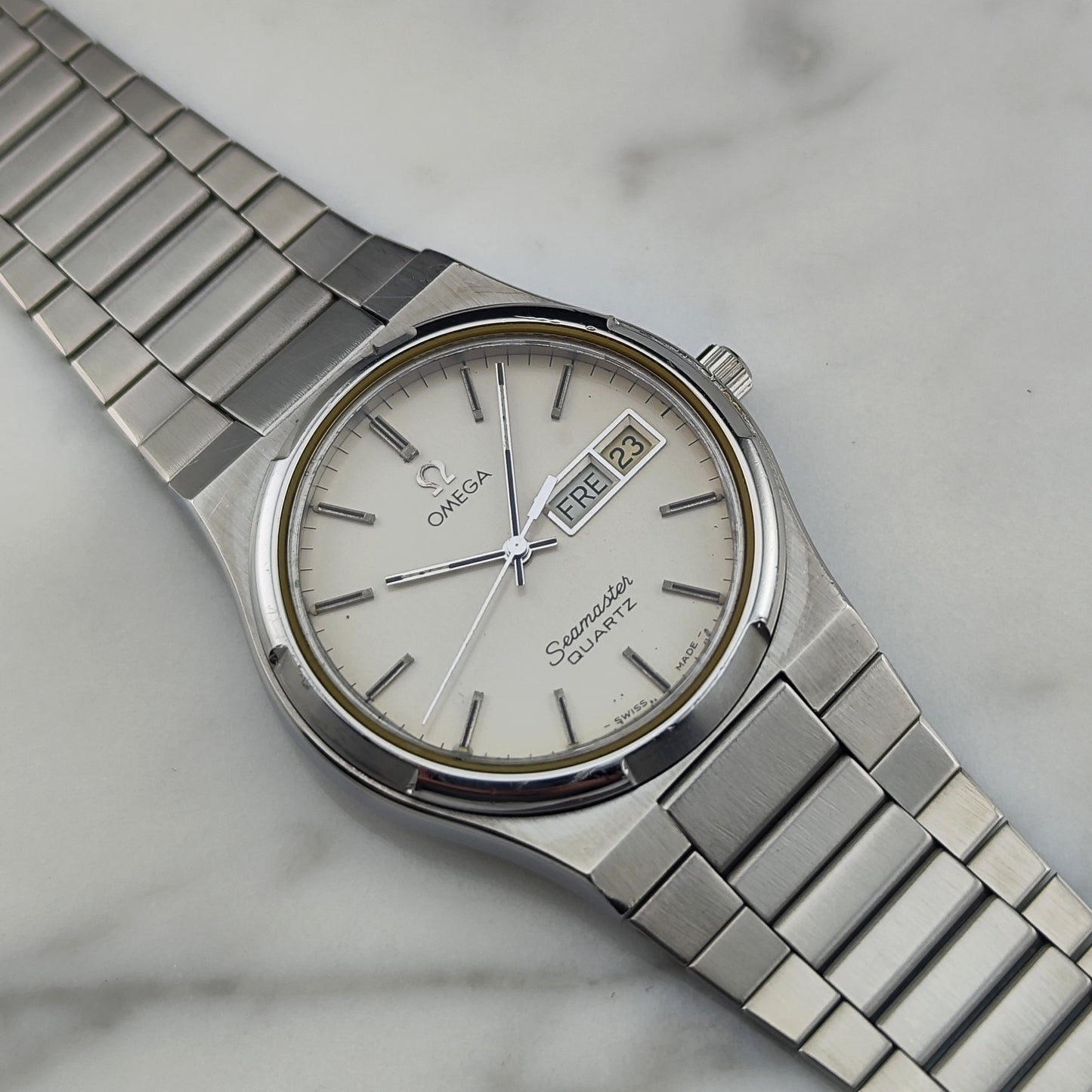 OMEGA Seamaster Quartz Day-Date Steel Bracelet White Dial Rare [REF. 196.0131]