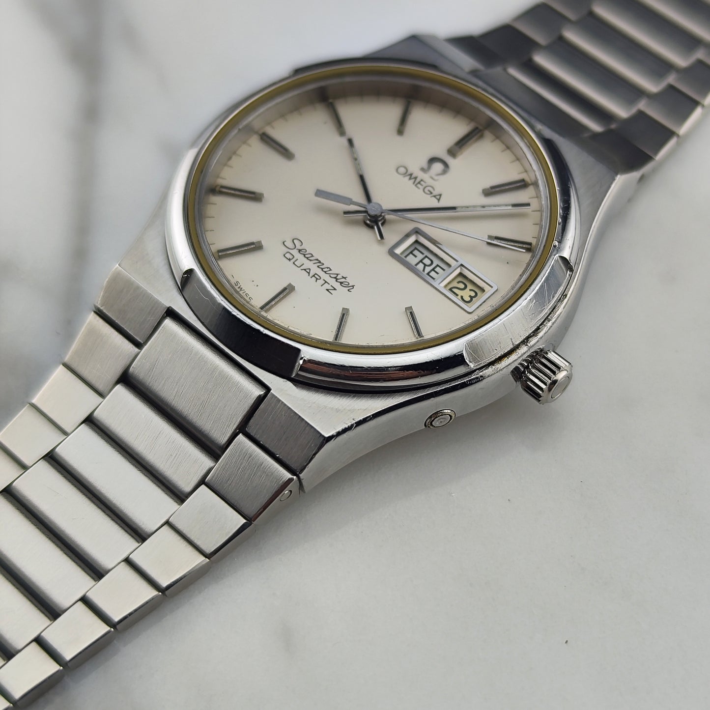 OMEGA Seamaster Quartz Day-Date Steel Bracelet White Dial Rare [REF. 196.0131]