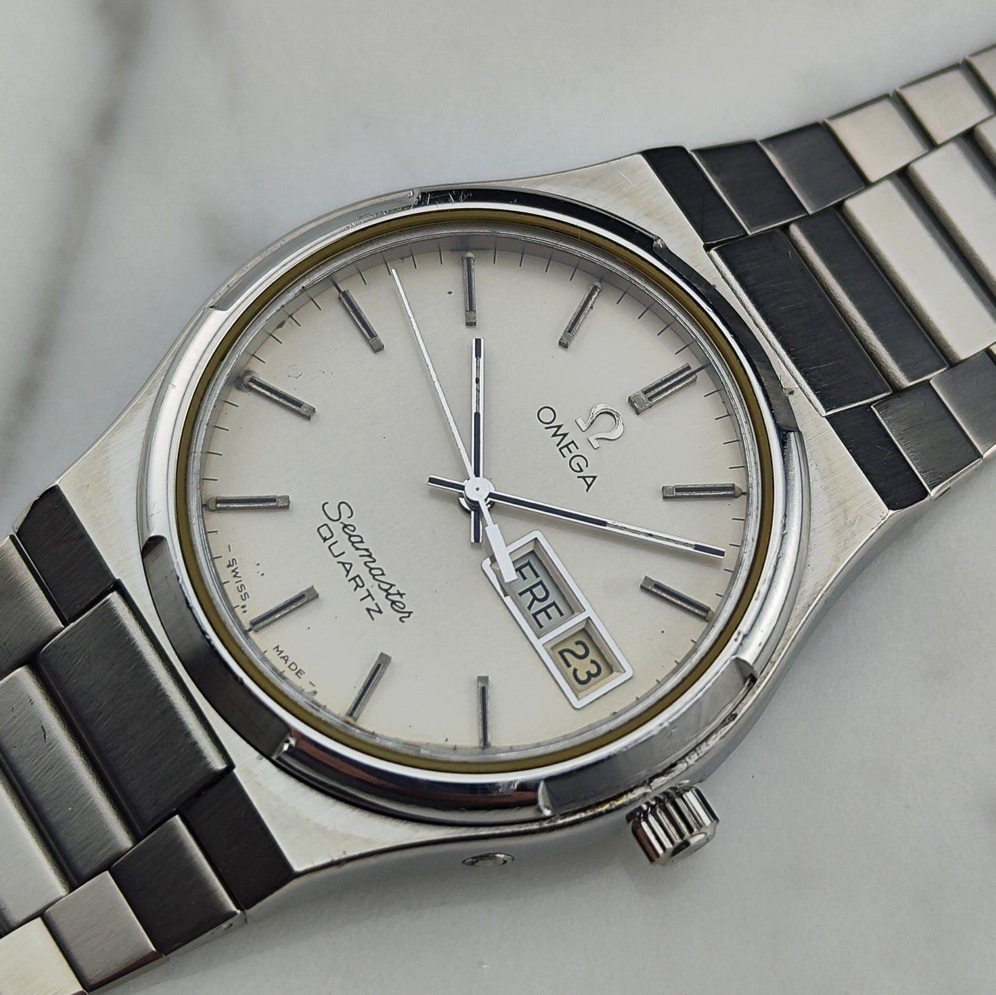 OMEGA Seamaster Quartz Day-Date Steel Bracelet White Dial Rare [REF. 196.0131]